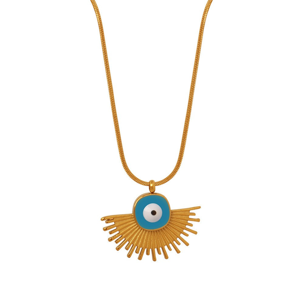 18K gold retro palace style geometric fan-shaped pendant necklace with devil's eye design