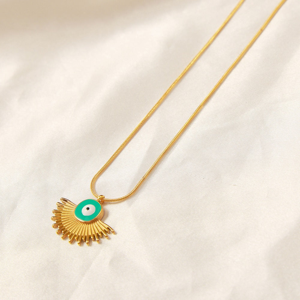 18K gold retro palace style geometric fan-shaped pendant necklace with devil's eye design